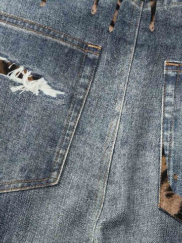 Vintage Washed Tiger Print Wide Leg Denim Jeans 