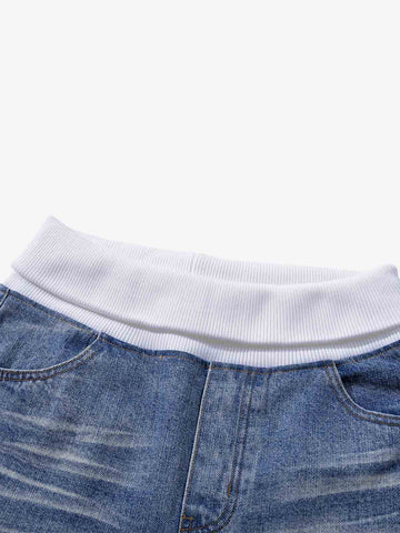 Ribbed Folded Waist Floral Embroidery Baggy Barrel Jeans