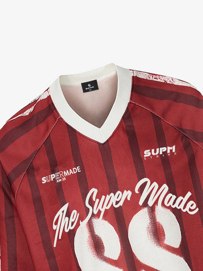 Retro Striped 88 Print Graphic Jersey Long-Sleeved T-Shirt - 2618 