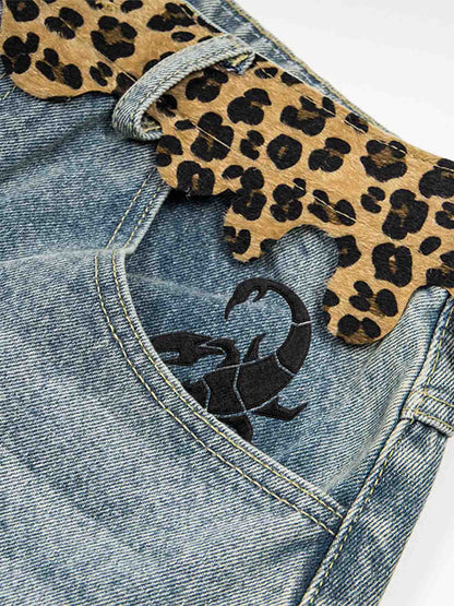 Vintage Leopard Panel Distressed Denim Shorts