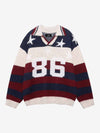 Retro Star Patchwork Striped V-Neck Polo Sweater 