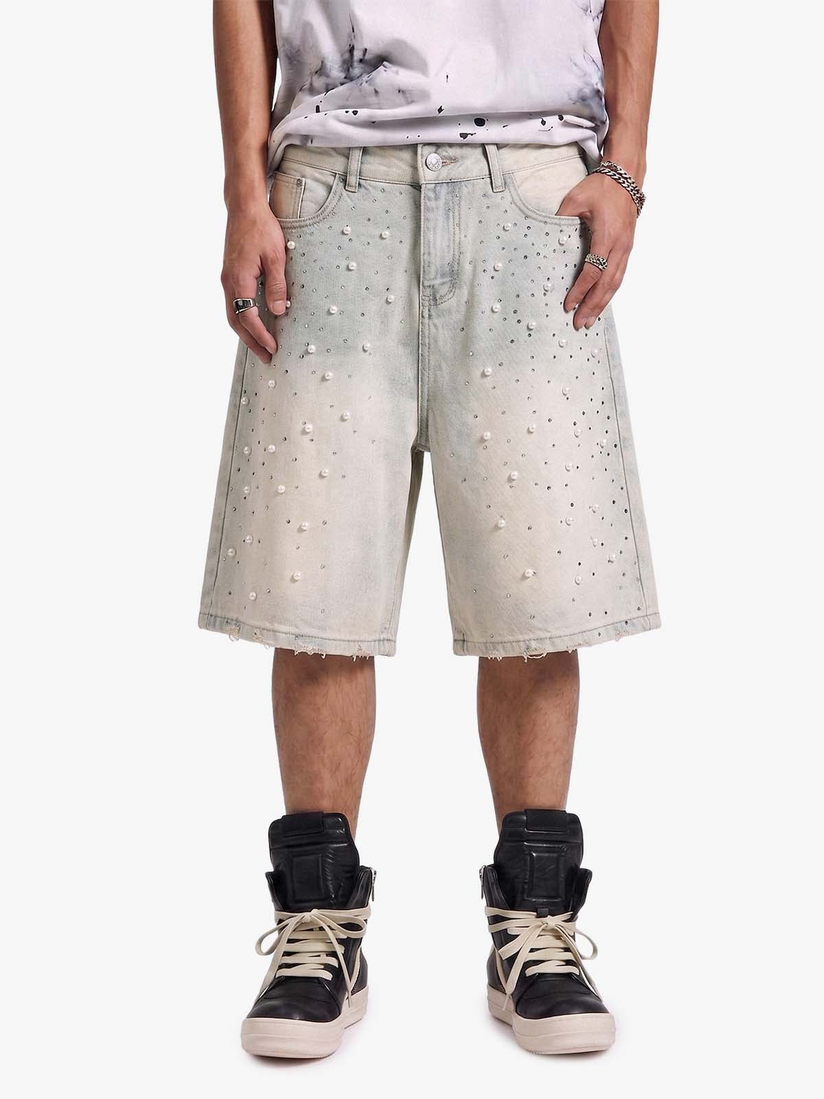 Pearl Embellished Light Wash Denim Shorts