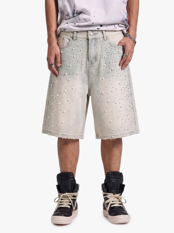 Pearl Embellished Light Wash Denim Shorts