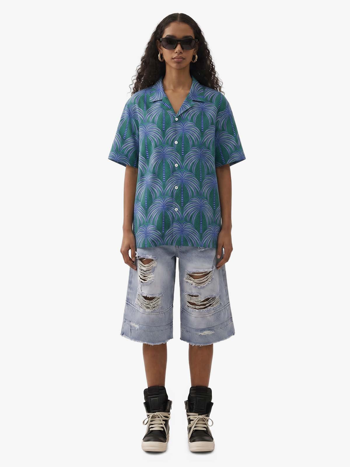 Teal Palm Leaves Hawaiian ShirtVacation Design