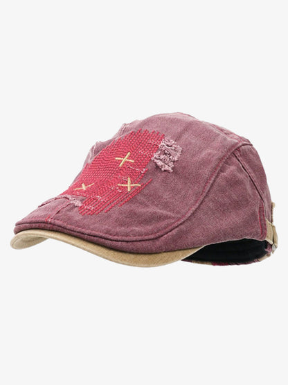 Distressed Patchwork Embroidered Cotton Flat Cap 