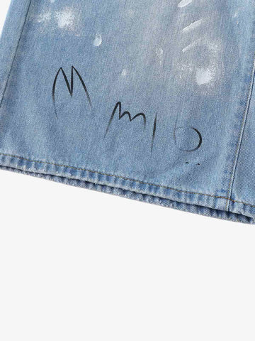 Light Wash Distressed Denim Shorts – Graffiti Print Wide-Leg Streetwear