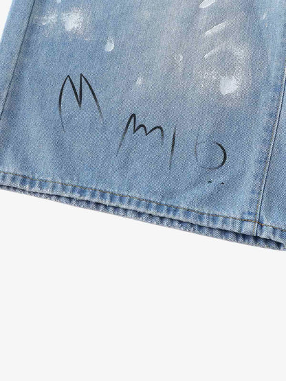 Light Wash Distressed Denim Shorts – Graffiti Print Wide-Leg Streetwear