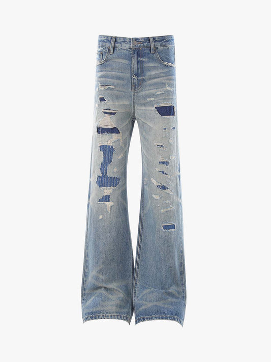 Distressed Patchwork Wide-Leg Jeans 