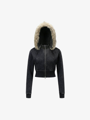 Distressed Faux Fur Slim Zip-Up Hoodie