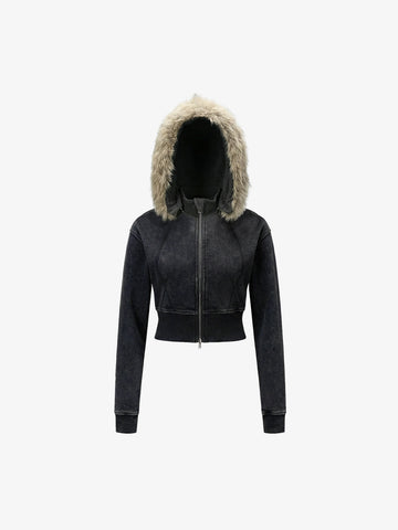 Distressed Faux Fur Slim Zip-Up Hoodie