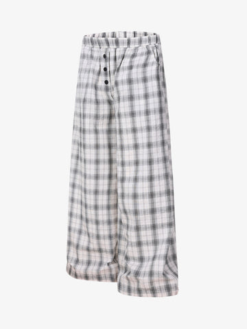 Plaid Wide-Leg Pants with Button-Front Waistband – Cotton Blend Relaxed Fit Casual Trousers