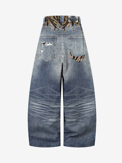 Leopard Ripped 3D Print Baggy Barrel Jeans