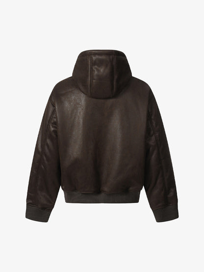 Vintage Leather Badge Fleece-lined Hooded Zip Bomber Jacket - 2547 