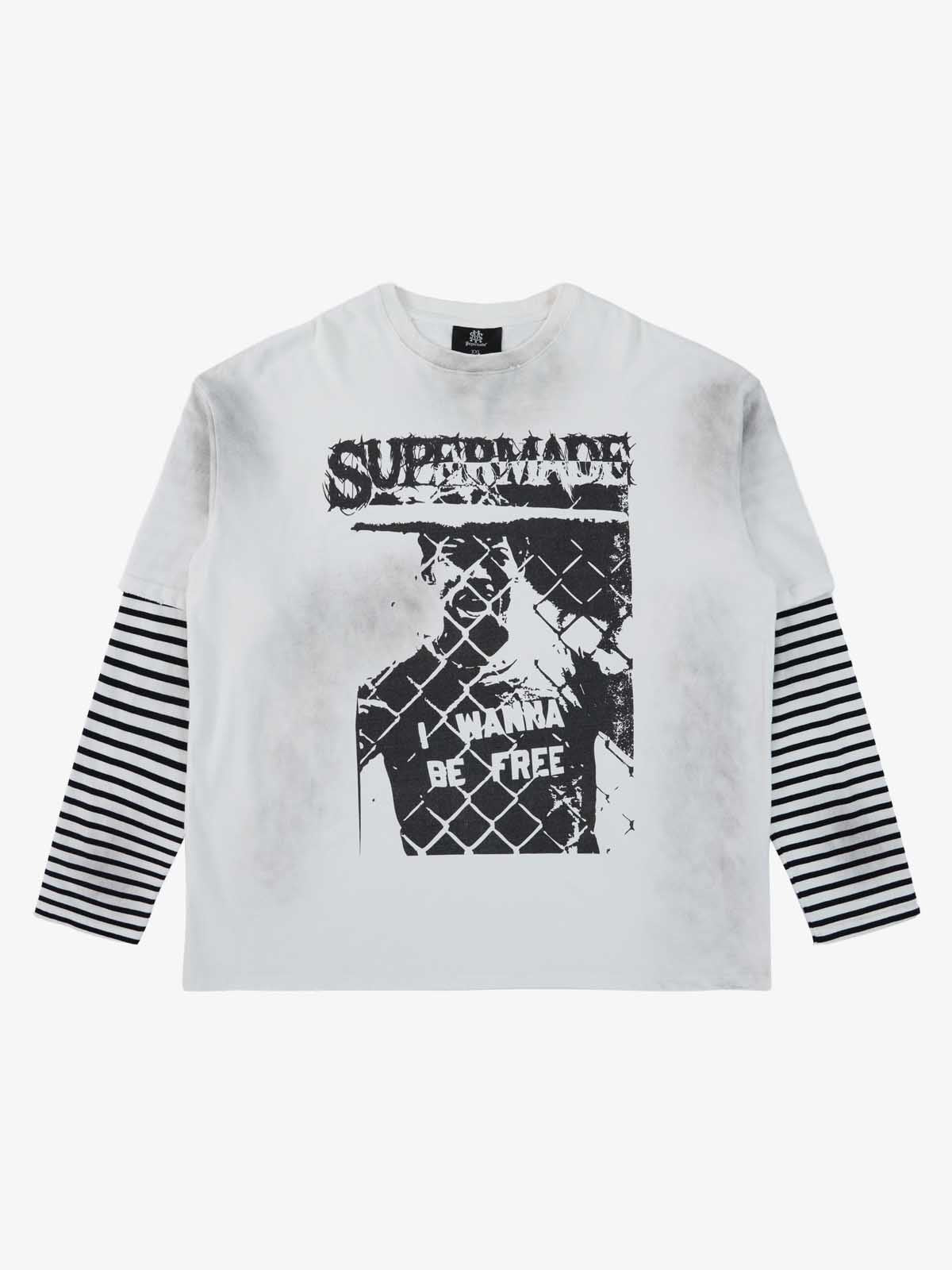 Grunge Graphic Distressed Cage Striped Long-Sleeve T-Shirt 
