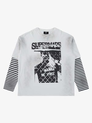Grunge Graphic Distressed Cage Striped Long-Sleeve T-Shirt 