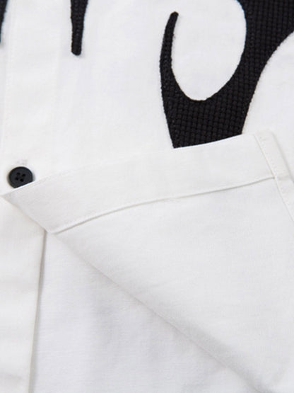 Cotton Blend Short Sleeve Shirt with Black Flame Print Long Sleeve Insert, Stylish Contrast Design for Men and Women 