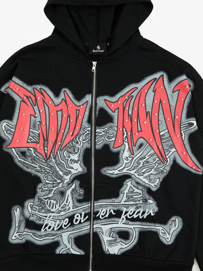 Retro Gothic Print Rhinestone Zip-Up Hoodie 