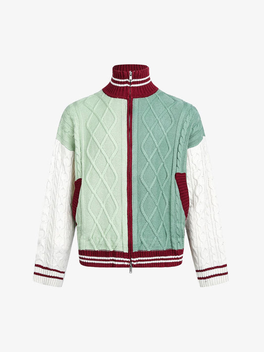 Retro Contrast Color High Neck Knitted Cardigan Sweater 