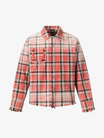 Paint Splatter Plaid Frayed Hem Button Up Shirt 