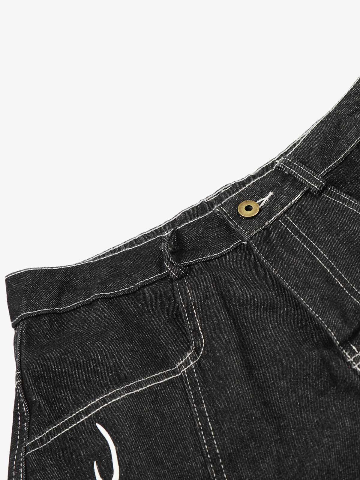 Contrast Stitching Flame Denim Shorts