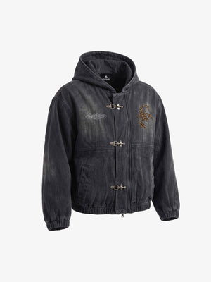 Scorpion Appliqué Leopard Distressed Hooded Denim Jacket