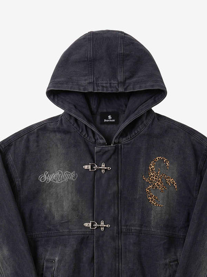 Scorpion Appliqué Leopard Distressed Hooded Denim Jacket