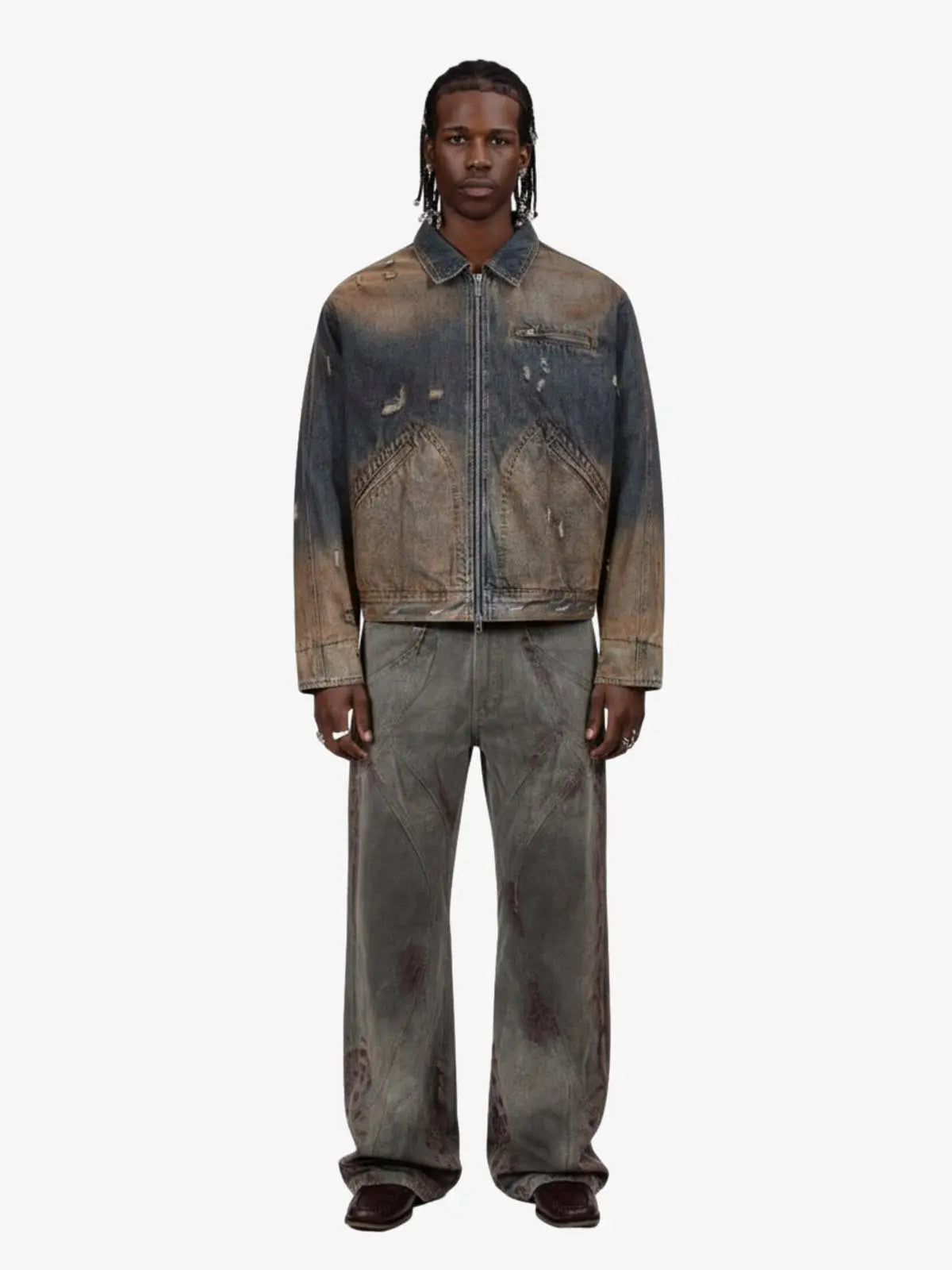 Vintage Washed Distressed Denim Zip Up Jacket 