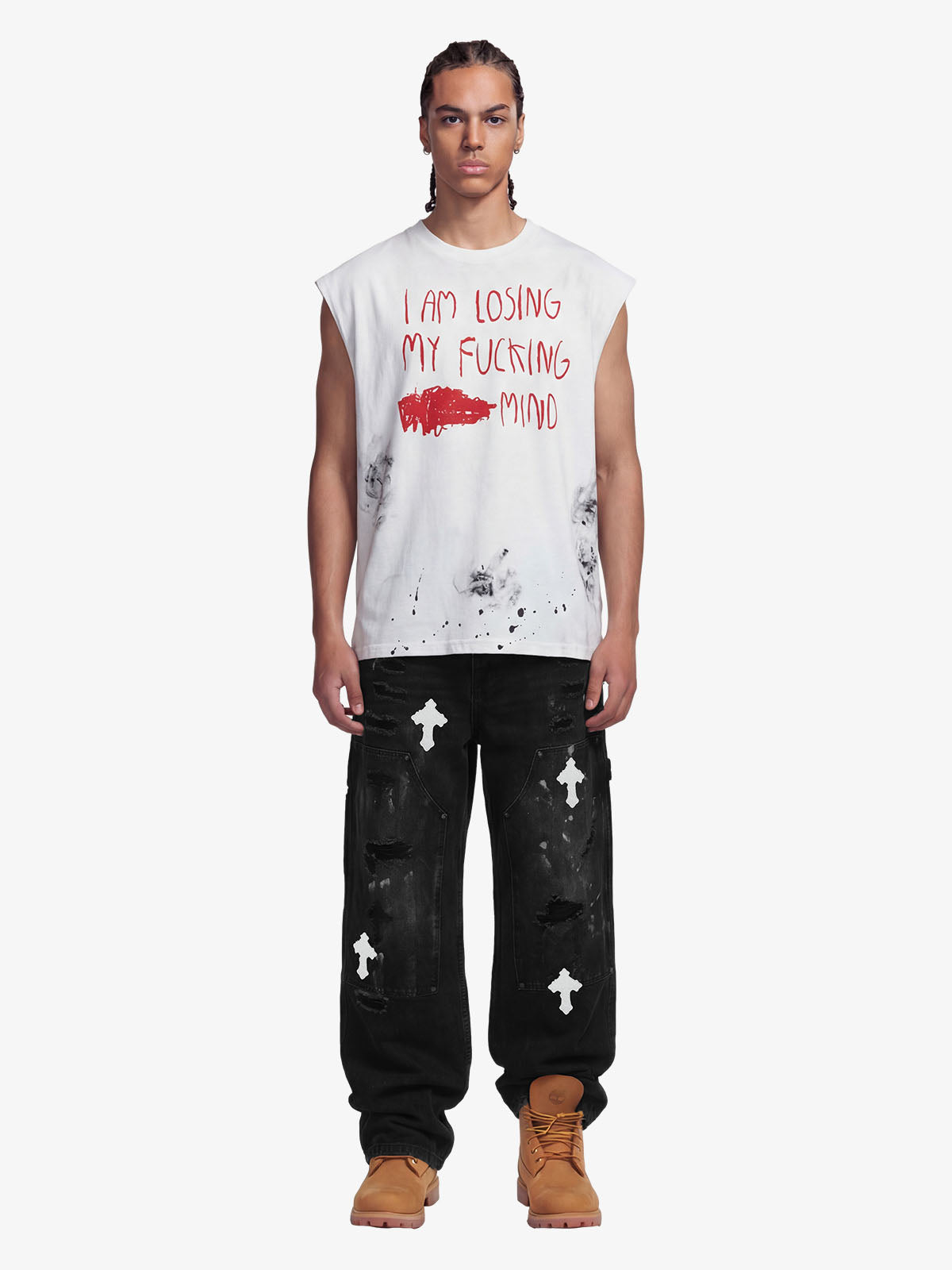 Distressed Cross Patchwork Baggy Denim Jeans - 2613 