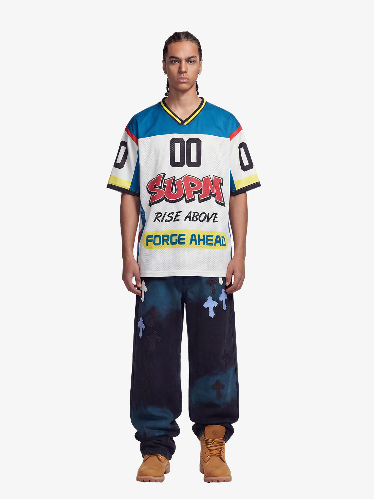 Color-Block Digital Print Mesh V-Neck Jersey 