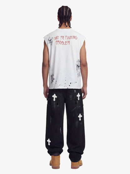 Distressed Cross Patchwork Baggy Denim Jeans - 2613 