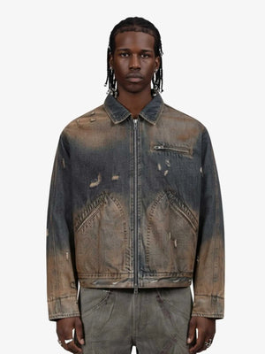 Vintage Washed Distressed Denim Zip Up Jacket 