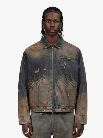 Vintage Washed Distressed Denim Zip Up Jacket 