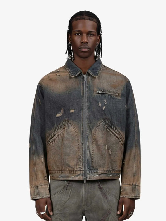 Vintage Washed Distressed Denim Zip Up Jacket 