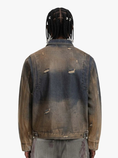 Vintage Washed Distressed Denim Zip Up Jacket 