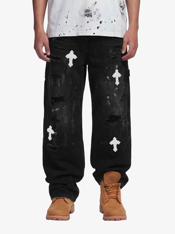 Distressed Cross Patchwork Baggy Denim Jeans - 2613 