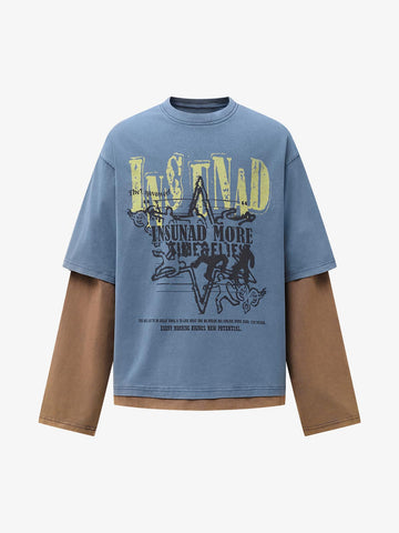 Street Color Matching Faux Two-Piece Printed T-Shirt - 2451 