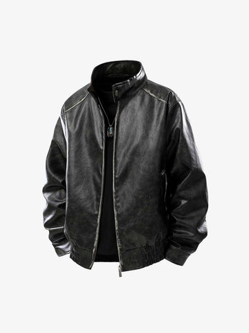 Retro Leather Stand-Collar Elastic Hem Jacket 