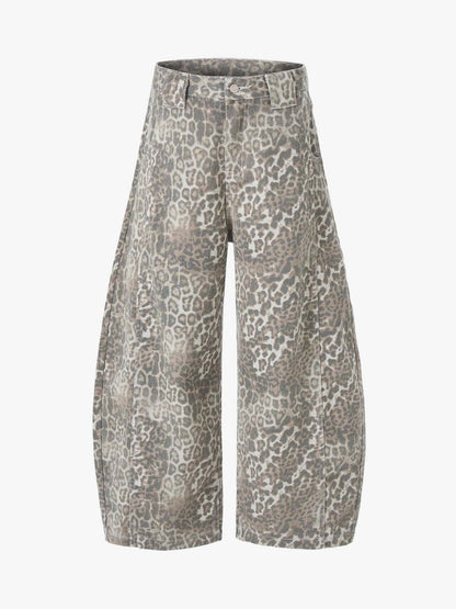 Street Leopard Camouflage Pleated Barrel Jeans 