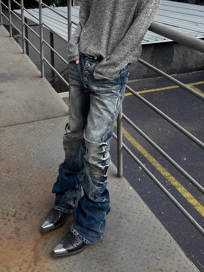 Vintage Distressed Button Fly Ruched Panel Flared Jeans 