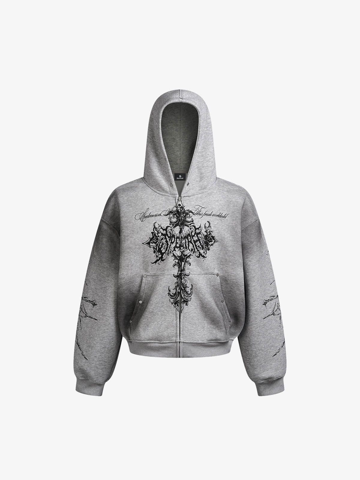 Street Wasteland Washed Cross Print Zip Up Hoodie - 2561 