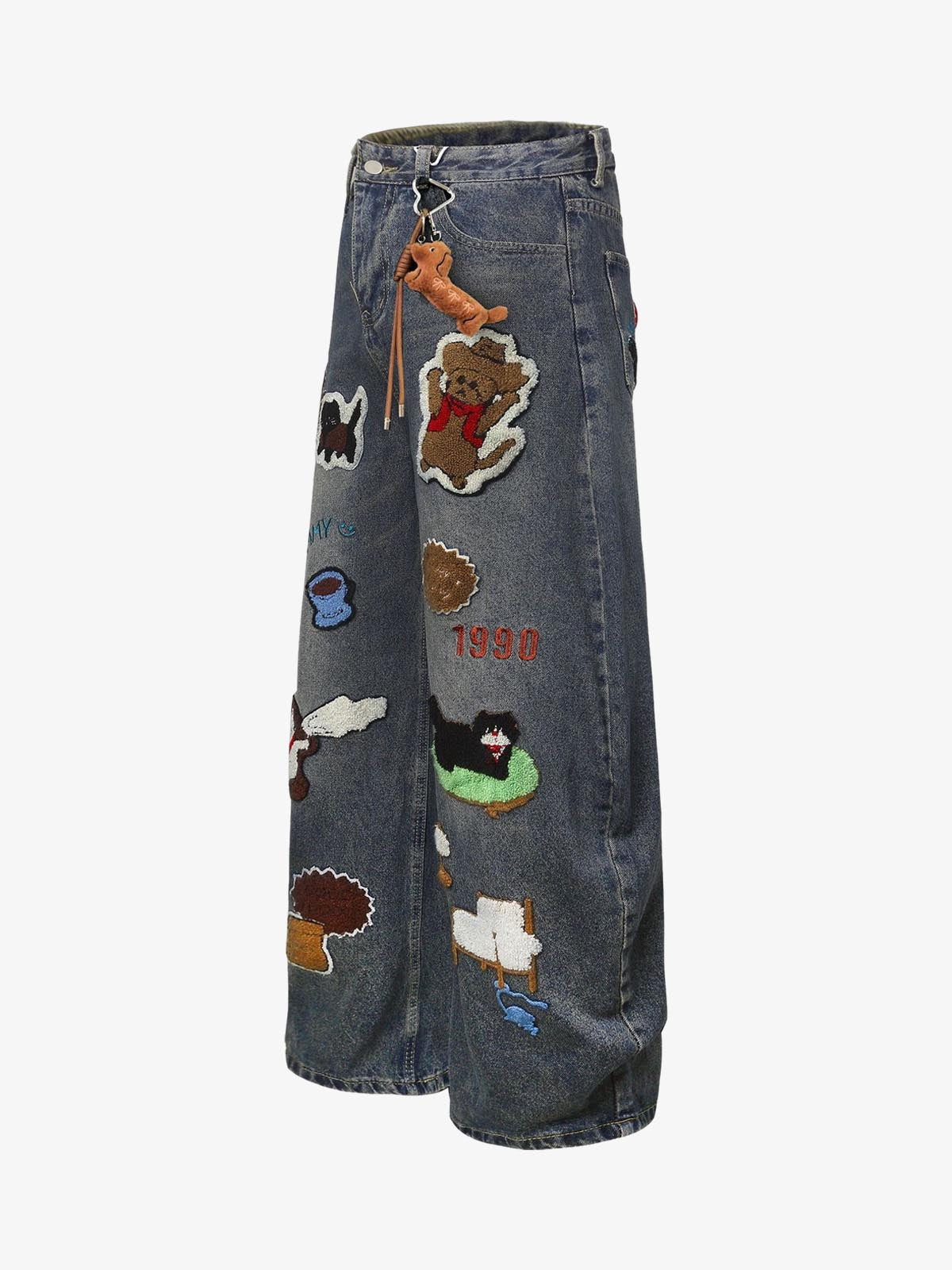Retro Cartoon Graphic Heavy Embroidery Barrel Jeans - 2562 