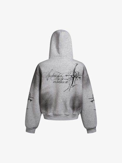 Street Wasteland Washed Cross Print Zip Up Hoodie - 2561 