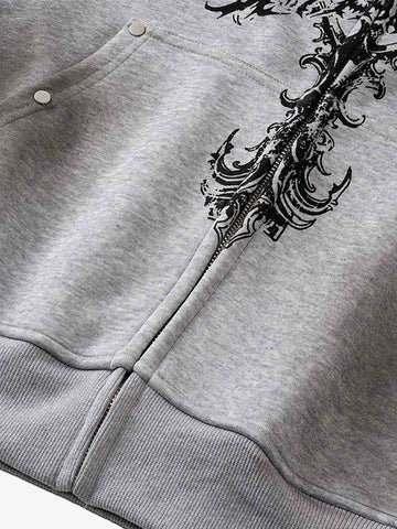 Street Wasteland Washed Cross Print Zip Up Hoodie - 2561 