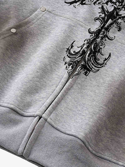 Street Wasteland Washed Cross Print Zip Up Hoodie - 2561 