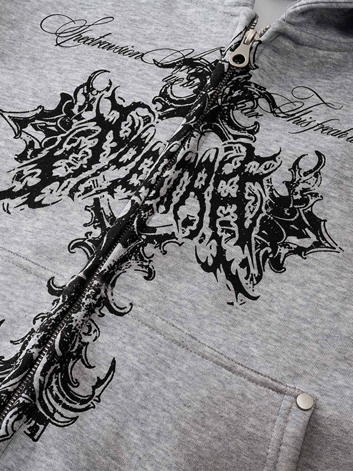 Street Wasteland Washed Cross Print Zip Up Hoodie - 2561 