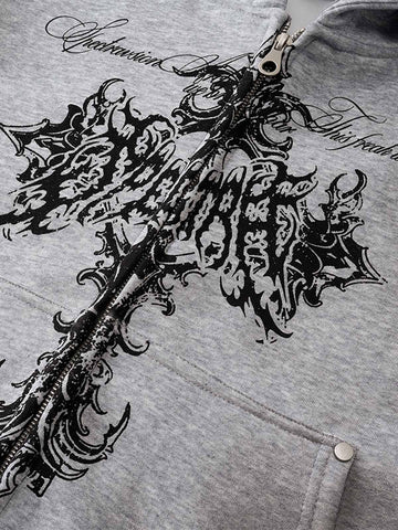 Street Wasteland Washed Cross Print Zip Up Hoodie - 2561 