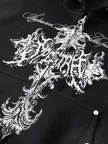 Street Wasteland Washed Cross Print Zip Up Hoodie - 2561 