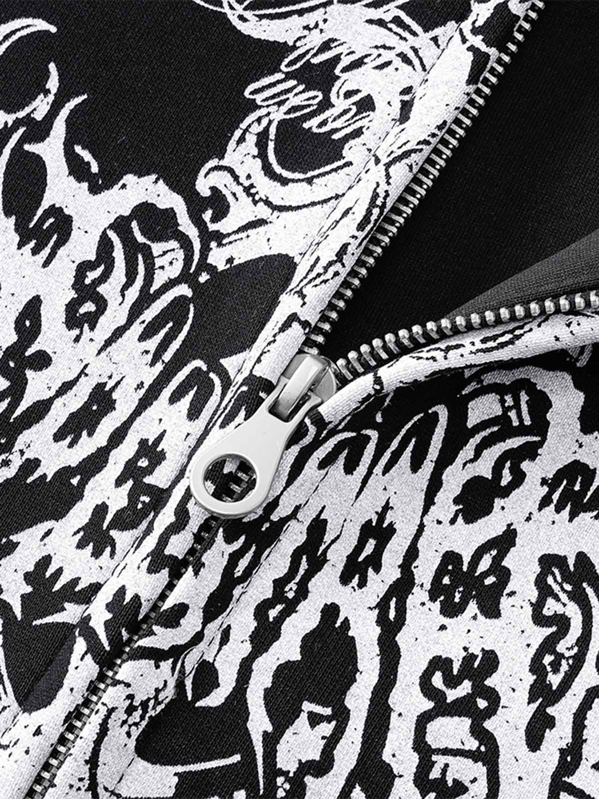 Street Wasteland Washed Cross Print Zip Up Hoodie - 2561 