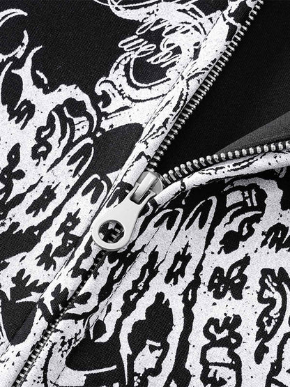 Street Wasteland Washed Cross Print Zip Up Hoodie - 2561 