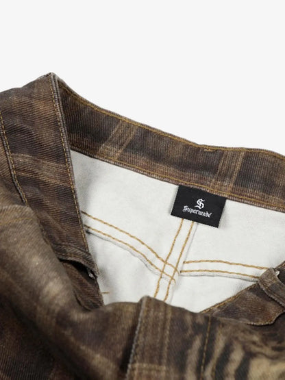 Plaid Leopard Print Cargo Barrel Jeans 